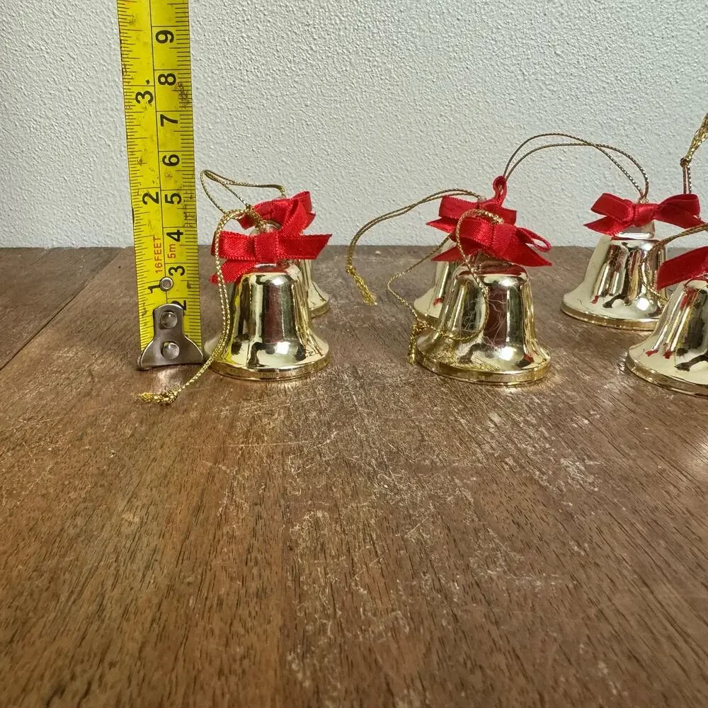 Set of‎ 10 Metal Gold Bells Red Bow Christmas Ornament bundle Lot